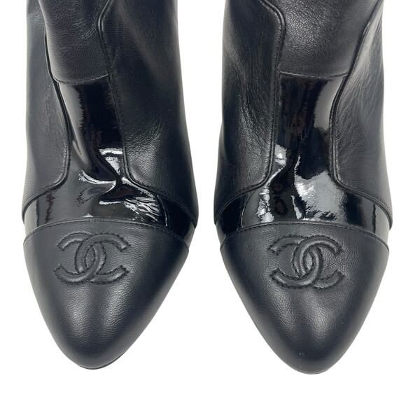 Chanel CC Logo Cap Toe Lamb Leather Heel Ankle Boots Black Size 38 - Picture 6 of 14